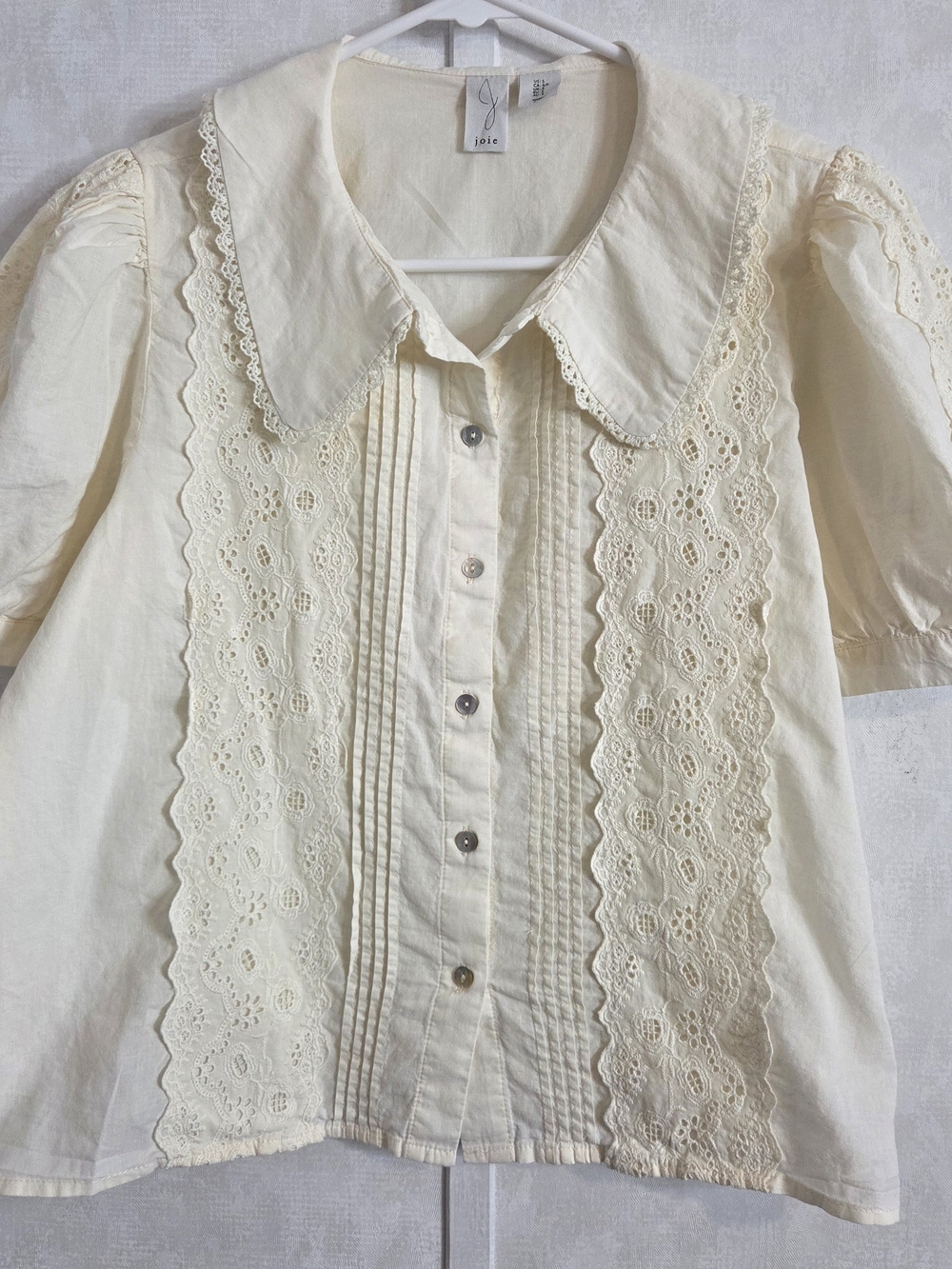 Joie Cream Lace-Trim Size S Women's Cotton Blouse Peter Pan Collar Puff Sleeves